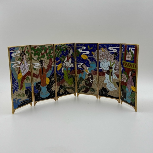 Mini Folding Screen Japanese Cloisonné Miniature Enamel Metal Folding Screen Vtg - Picture 1 of 9